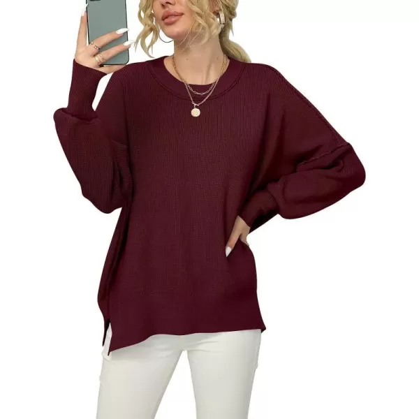 imageANRABESS Women Crewneck Batwing Sleeve Oversized Side Slit Ribbed Knit Pullover Sweater TopWine Red
