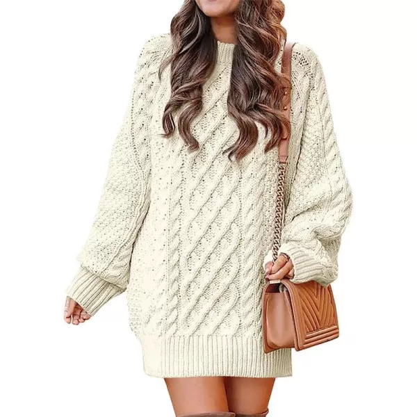 imageANRABESS Women Crewneck Long Sleeve Oversized Cable Knit Chunky Pullover Short Sweater DressesBeige