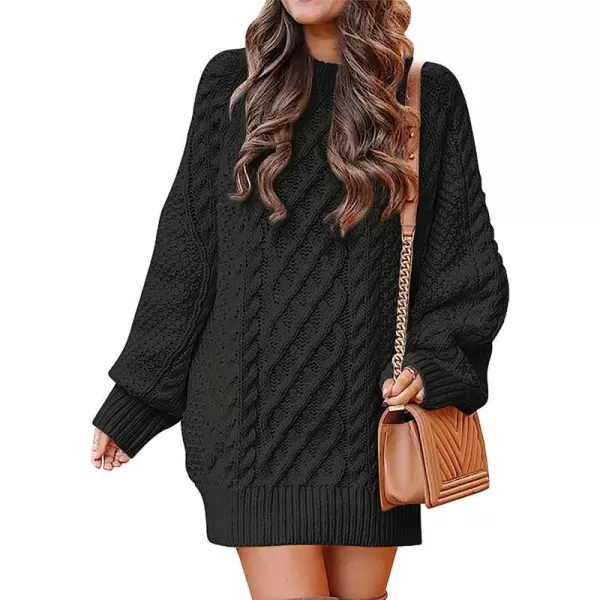imageANRABESS Women Crewneck Long Sleeve Oversized Cable Knit Chunky Pullover Short Sweater DressesBlack