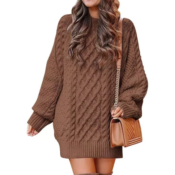 imageANRABESS Women Crewneck Long Sleeve Oversized Cable Knit Chunky Pullover Short Sweater DressesBrown