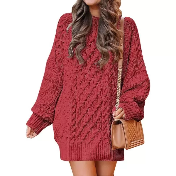 imageANRABESS Women Crewneck Long Sleeve Oversized Cable Knit Chunky Pullover Short Sweater DressesCherry