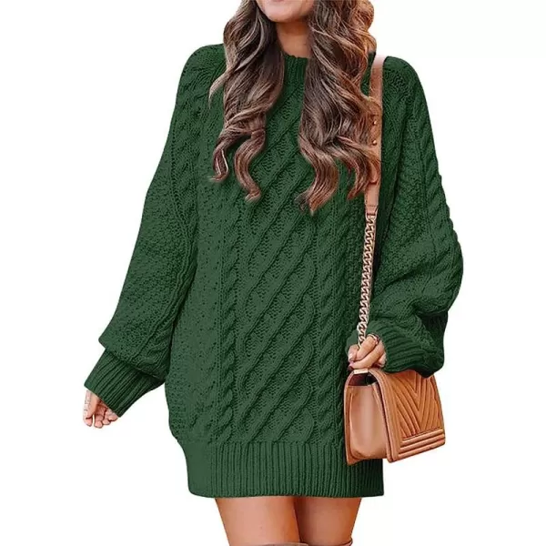 imageANRABESS Women Crewneck Long Sleeve Oversized Cable Knit Chunky Pullover Short Sweater DressesDeep Green