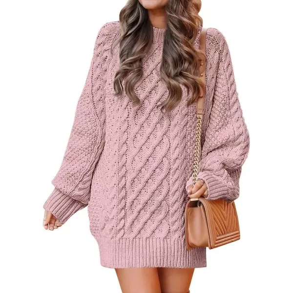 imageANRABESS Women Crewneck Long Sleeve Oversized Cable Knit Chunky Pullover Short Sweater DressesLight Pink