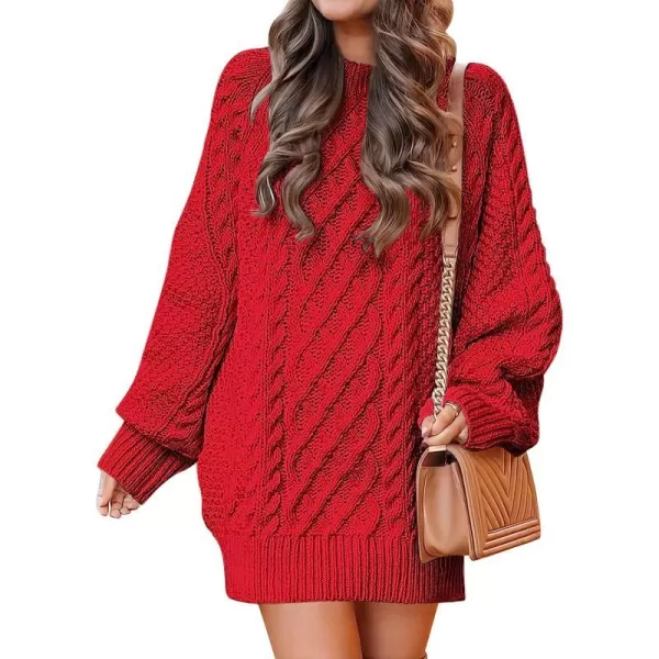 imageANRABESS Women Crewneck Long Sleeve Oversized Cable Knit Chunky Pullover Short Sweater DressesRed