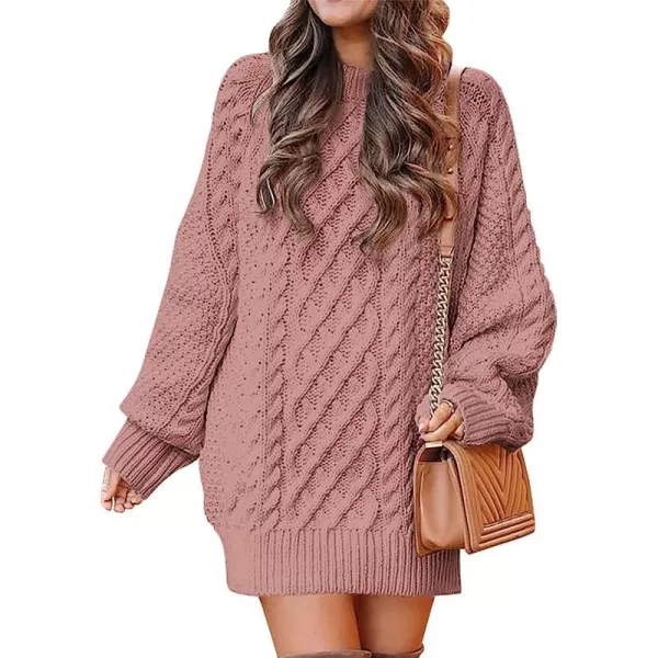 imageANRABESS Women Crewneck Long Sleeve Oversized Cable Knit Chunky Pullover Short Sweater DressesRed Pink