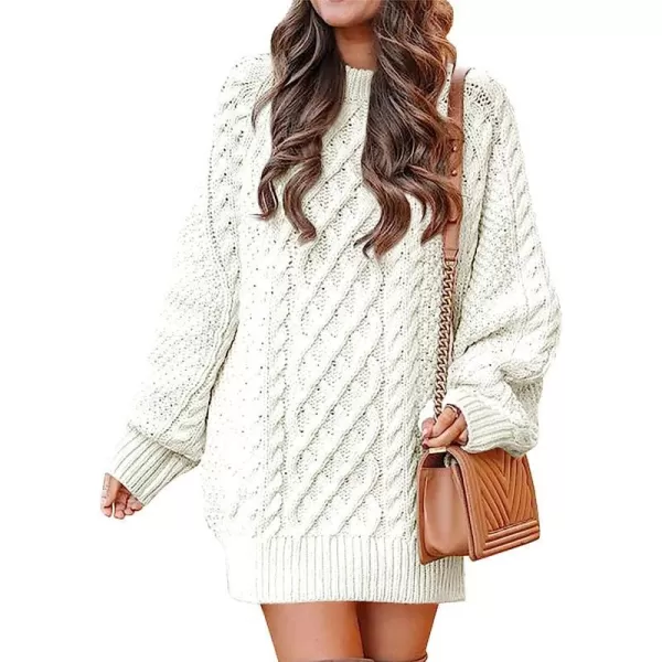 imageANRABESS Women Crewneck Long Sleeve Oversized Cable Knit Chunky Pullover Short Sweater DressesWhite