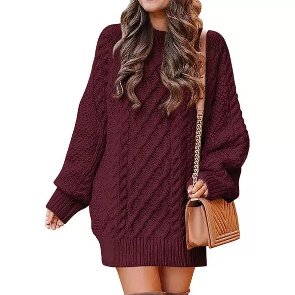 imageANRABESS Women Crewneck Long Sleeve Oversized Cable Knit Chunky Pullover Short Sweater DressesWine Red