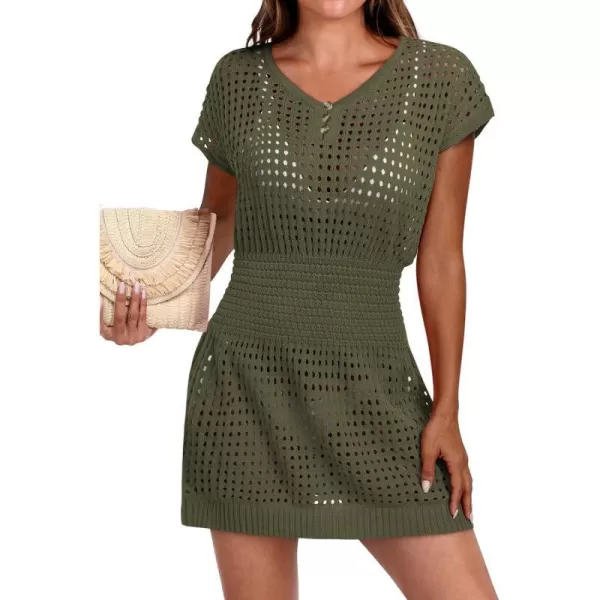 imageANRABESS Women Crochet Swim Coverups Short Sleeve Hollow Out Beach Swimwear Bathing Suit Cover Up DressArmy Green