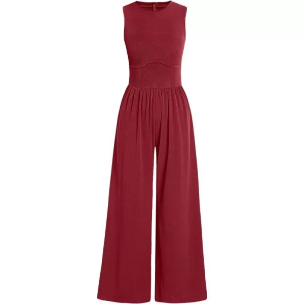 imageANRABESS Women Dressy Jumpsuits 2024 Casual Summer Sleeveless High Neck Rib Tank Top Wide Leg Pants Romper OutfitsBurgundy