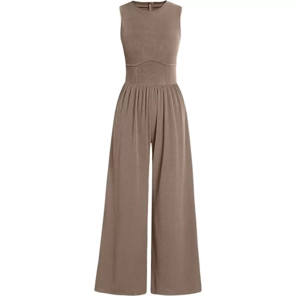 imageANRABESS Women Dressy Jumpsuits 2024 Casual Summer Sleeveless High Neck Rib Tank Top Wide Leg Pants Romper OutfitsKhaki
