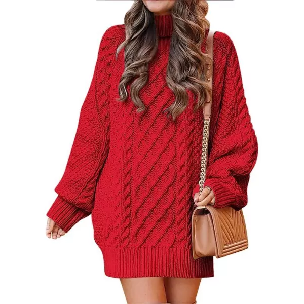 imageANRABESS Women Fall Winter Long Sleeve Oversized Turtleneck Cable Knit Chunky Pullover Sweater DressRed
