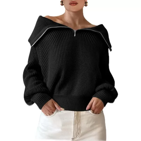 imageANRABESS Women Half Zip Cropped Sweater Long Puff Sleeve 2023 Winter Trendy Oversized Ribbed Knit Pullover Sweater TopBlack