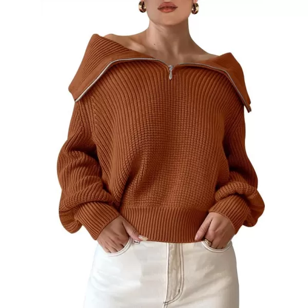 imageANRABESS Women Half Zip Cropped Sweater Long Puff Sleeve 2023 Winter Trendy Oversized Ribbed Knit Pullover Sweater TopRust