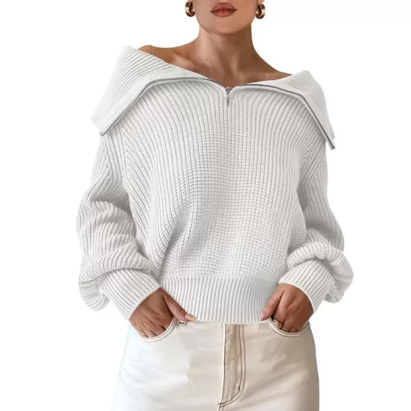 imageANRABESS Women Half Zip Cropped Sweater Long Puff Sleeve 2023 Winter Trendy Oversized Ribbed Knit Pullover Sweater TopWhite