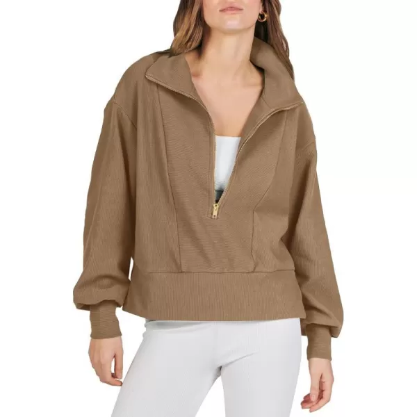 imageANRABESS Women Half Zip Cropped Sweatshirt Casual Fleece Quarter Zip Up Rib Knit Pullover 2023 Fall ClothesKhaki