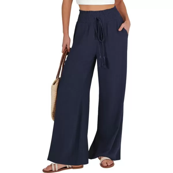 imageANRABESS Women Linen Palazzo Pants Casual Loose High Waist Drawstring Wide Casual Long Lounge Pant Trousers with PocketNavy Blue