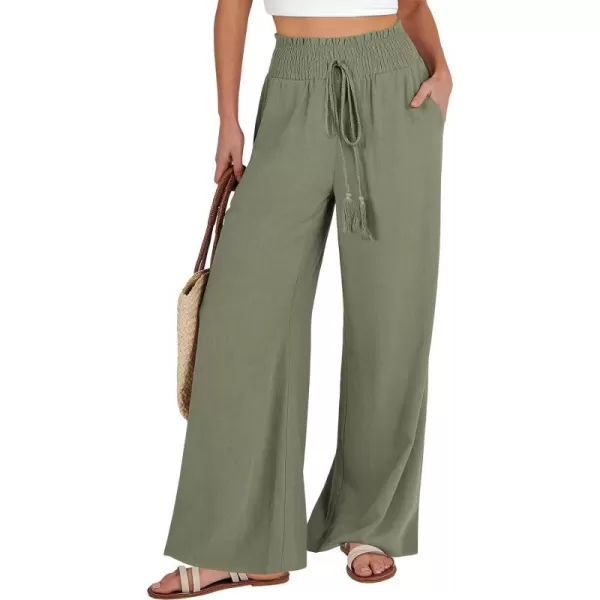imageANRABESS Women Linen Palazzo Pants Casual Loose High Waist Drawstring Wide Casual Long Lounge Pant Trousers with PocketOlive