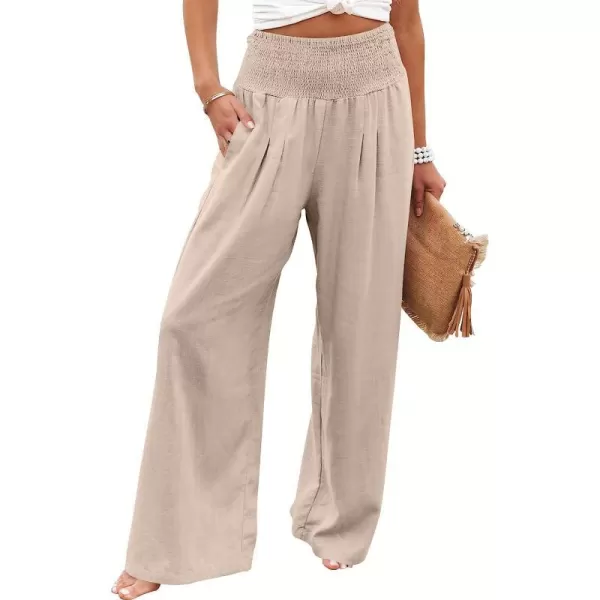 imageANRABESS Women Linen Palazzo Pants Summer Boho Wide Leg High Waist Casual Lounge Pant Trousers with PocketAlmond