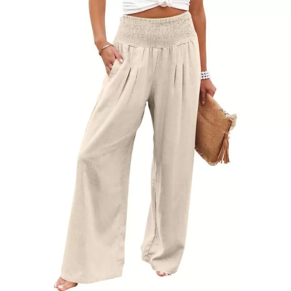 imageANRABESS Women Linen Palazzo Pants Summer Boho Wide Leg High Waist Casual Lounge Pant Trousers with PocketBeige
