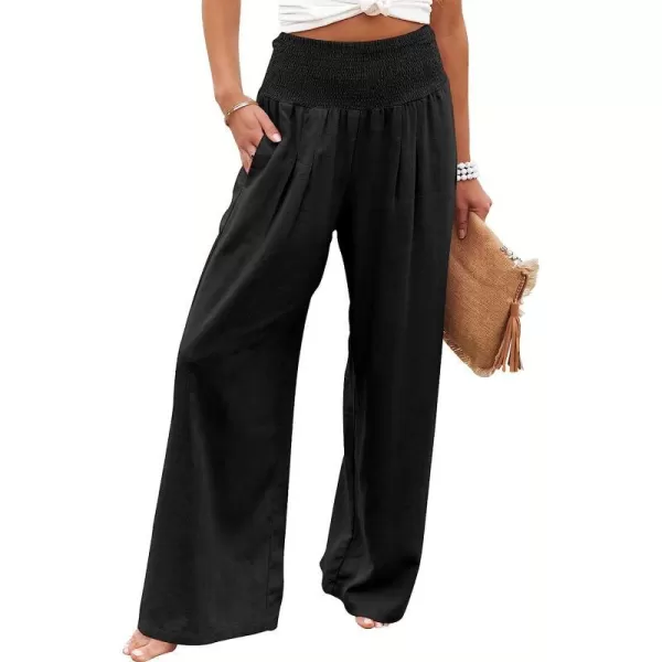 imageANRABESS Women Linen Palazzo Pants Summer Boho Wide Leg High Waist Casual Lounge Pant Trousers with PocketBlack