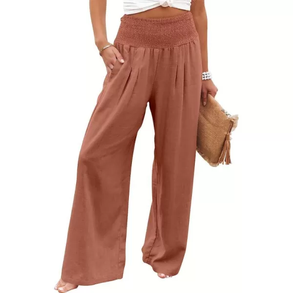 imageANRABESS Women Linen Palazzo Pants Summer Boho Wide Leg High Waist Casual Lounge Pant Trousers with PocketBrick Red