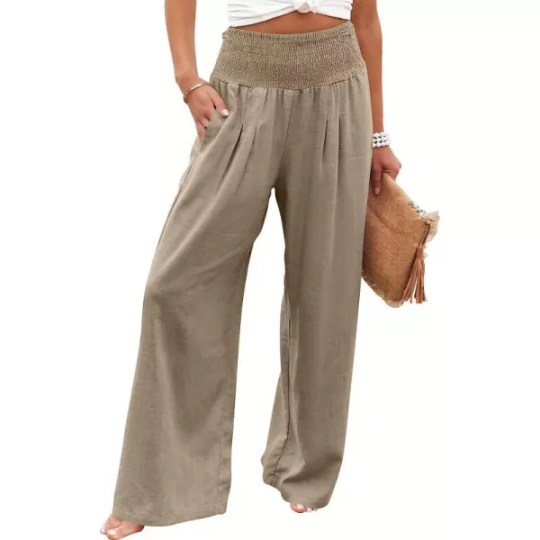 imageANRABESS Women Linen Palazzo Pants Summer Boho Wide Leg High Waist Casual Lounge Pant Trousers with PocketBrown