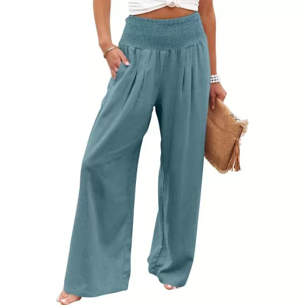 imageANRABESS Women Linen Palazzo Pants Summer Boho Wide Leg High Waist Casual Lounge Pant Trousers with PocketLake