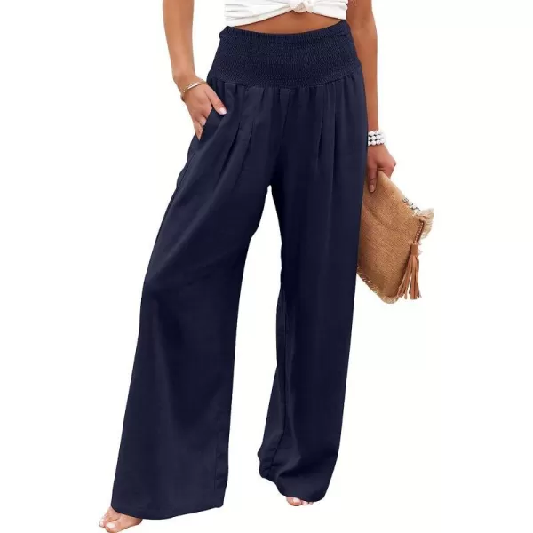 imageANRABESS Women Linen Palazzo Pants Summer Boho Wide Leg High Waist Casual Lounge Pant Trousers with PocketNavy Blue