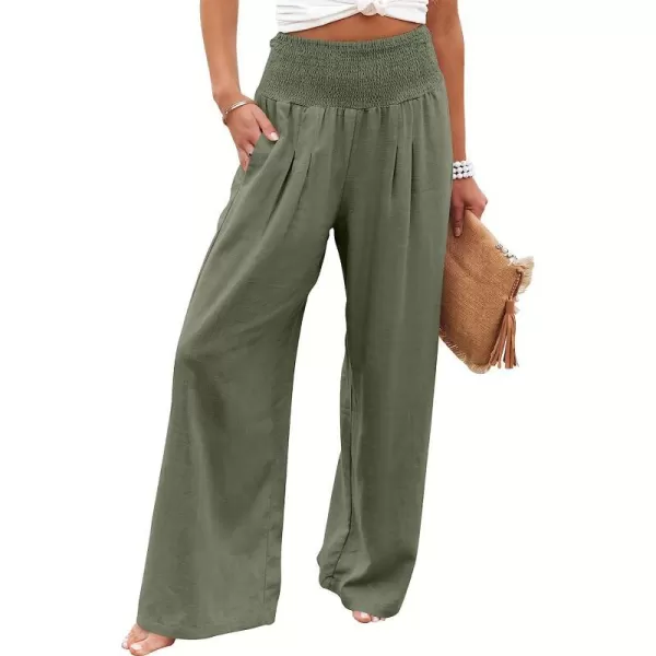 imageANRABESS Women Linen Palazzo Pants Summer Boho Wide Leg High Waist Casual Lounge Pant Trousers with PocketOlive