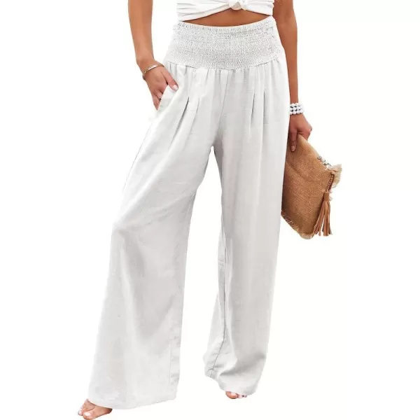 imageANRABESS Women Linen Palazzo Pants Summer Boho Wide Leg High Waist Casual Lounge Pant Trousers with PocketWhite