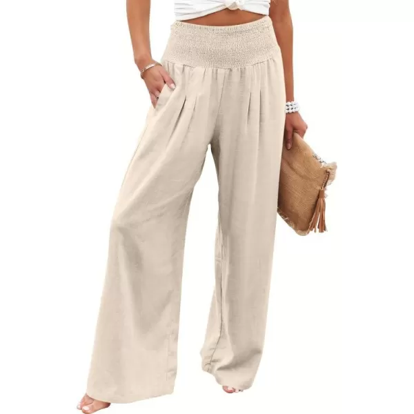 imageANRABESS Women Linen Palazzo Pants Summer Boho Wide Leg High Waist Casual Lounge Pant Trousers with PocketsBeige