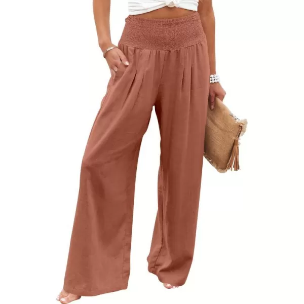 imageANRABESS Women Linen Palazzo Pants Summer Boho Wide Leg High Waist Casual Lounge Pant Trousers with PocketsBrick Red