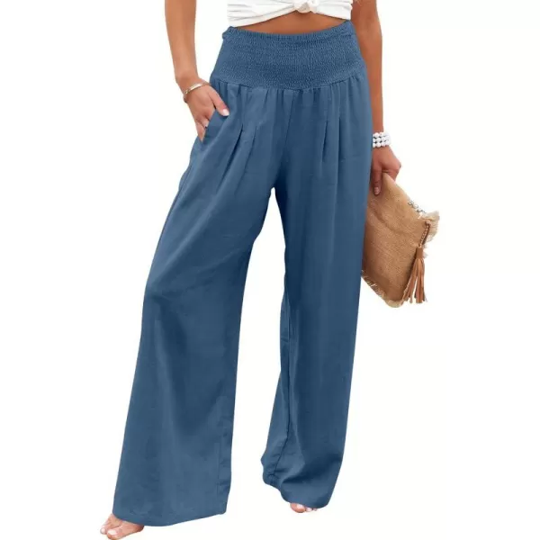 imageANRABESS Women Linen Palazzo Pants Summer Boho Wide Leg High Waist Casual Lounge Pant Trousers with PocketsDeep Blue