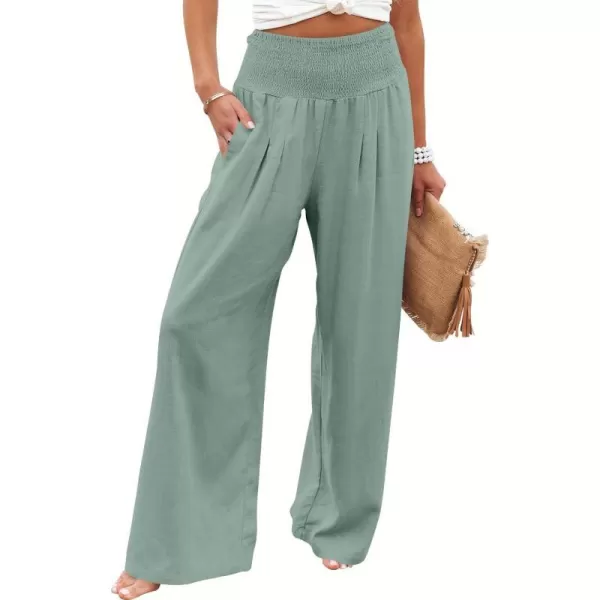 imageANRABESS Women Linen Palazzo Pants Summer Boho Wide Leg High Waist Casual Lounge Pant Trousers with PocketsGreen Blue
