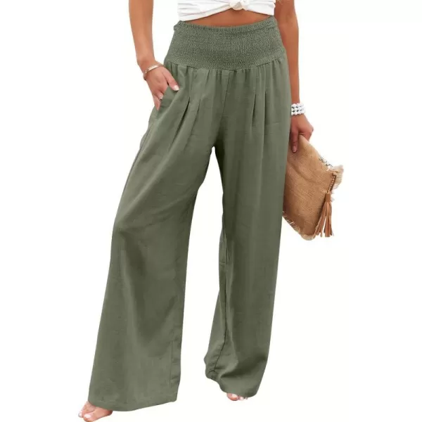 imageANRABESS Women Linen Palazzo Pants Summer Boho Wide Leg High Waist Casual Lounge Pant Trousers with PocketsOlive