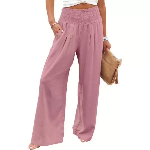 imageANRABESS Women Linen Palazzo Pants Summer Boho Wide Leg High Waist Casual Lounge Pant Trousers with PocketsPink