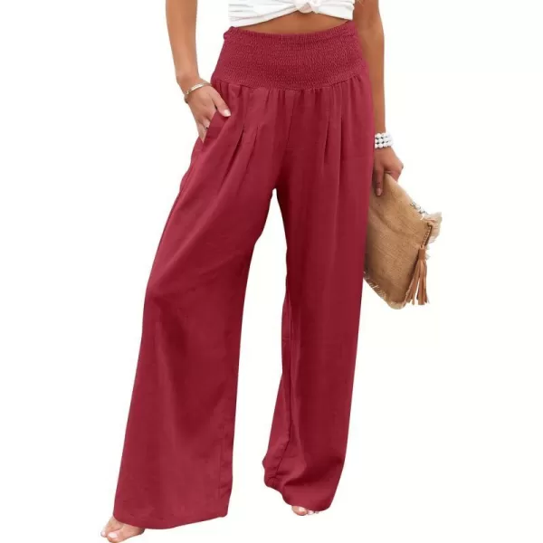 imageANRABESS Women Linen Palazzo Pants Summer Boho Wide Leg High Waist Casual Lounge Pant Trousers with PocketsRed