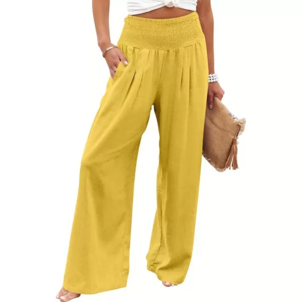 imageANRABESS Women Linen Palazzo Pants Summer Boho Wide Leg High Waist Casual Lounge Pant Trousers with PocketsYellow