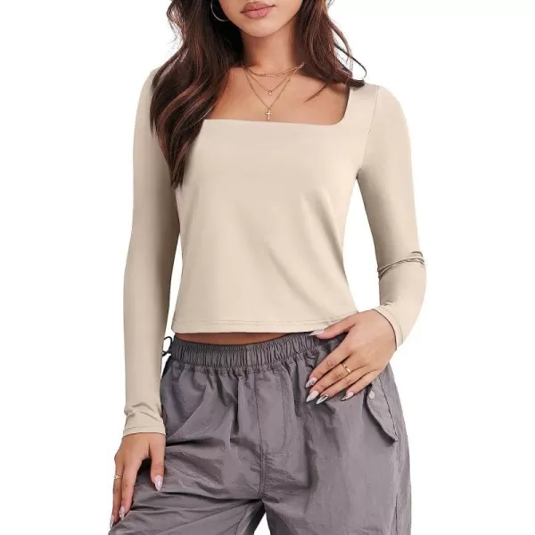 imageANRABESS Women Long Sleeve Crop Top Sexy Fitted Going Out Square Neck Basic T Shirt Top TeesApricot