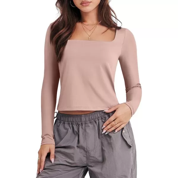 imageANRABESS Women Long Sleeve Crop Top Sexy Fitted Going Out Square Neck Basic T Shirt Top TeesPink