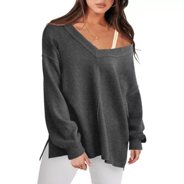 imageANRABESS Women Long Sleeve Shirt V Neck Off Shoulder Oversized Knit Pullover Sweatshirt Loose High Low Fall Tunic TopsDark Grey