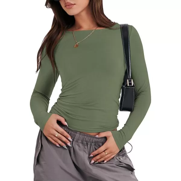 imageANRABESS Women Long Sleeve Slim Fit Crop Top Going Out Tight Y2K TShirt Trendy Tees StreetwearArmy Green