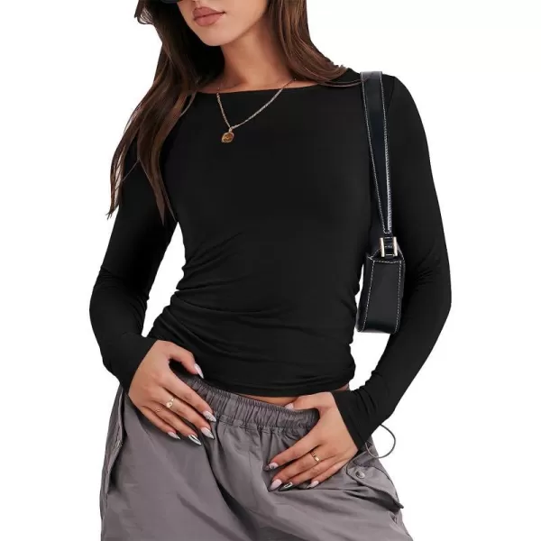 imageANRABESS Women Long Sleeve Slim Fit Crop Top Going Out Tight Y2K TShirt Trendy Tees StreetwearBlack