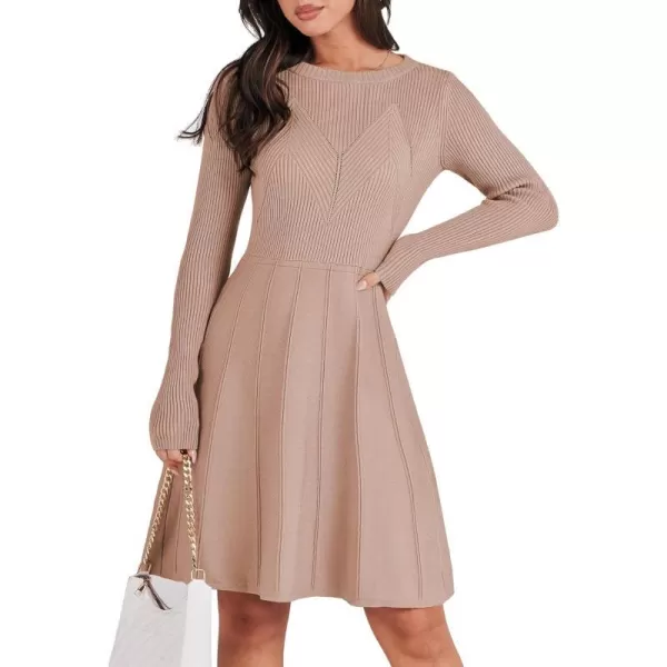 imageANRABESS Women Midi Sweater Dress Long Sleeve Crewneck High Waist Casual ALine Pleated DressesApricot