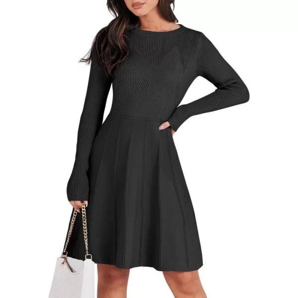 imageANRABESS Women Midi Sweater Dress Long Sleeve Crewneck High Waist Casual ALine Pleated DressesBlack