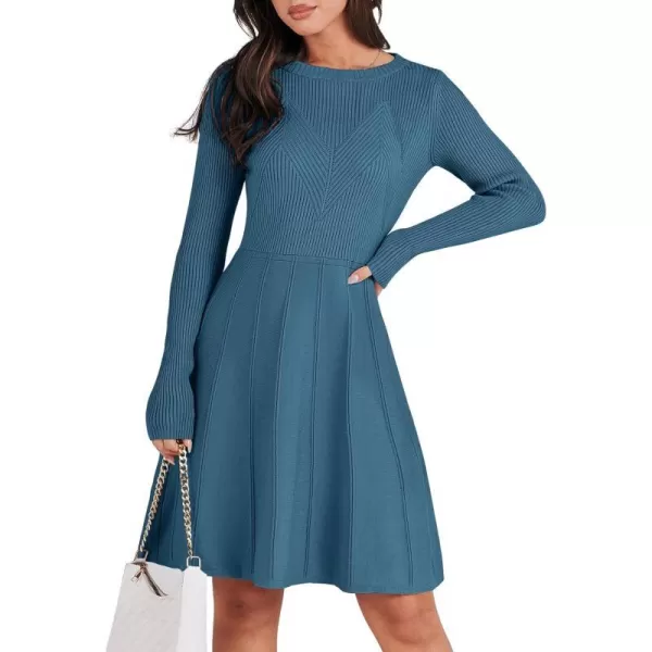 imageANRABESS Women Midi Sweater Dress Long Sleeve Crewneck High Waist Casual ALine Pleated DressesBlue