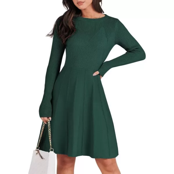 imageANRABESS Women Midi Sweater Dress Long Sleeve Crewneck High Waist Casual ALine Pleated DressesGreen