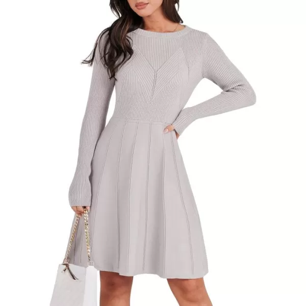 imageANRABESS Women Midi Sweater Dress Long Sleeve Crewneck High Waist Casual ALine Pleated DressesGrey
