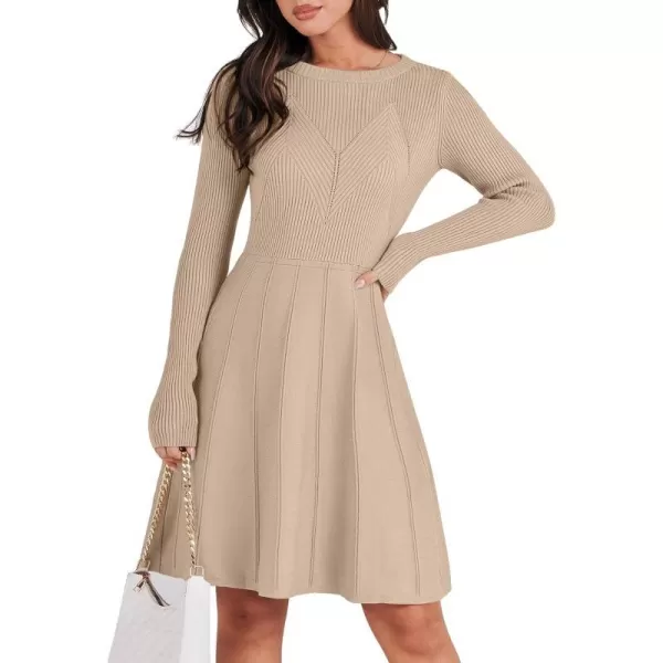 imageANRABESS Women Midi Sweater Dress Long Sleeve Crewneck High Waist Casual ALine Pleated DressesLight Apricot