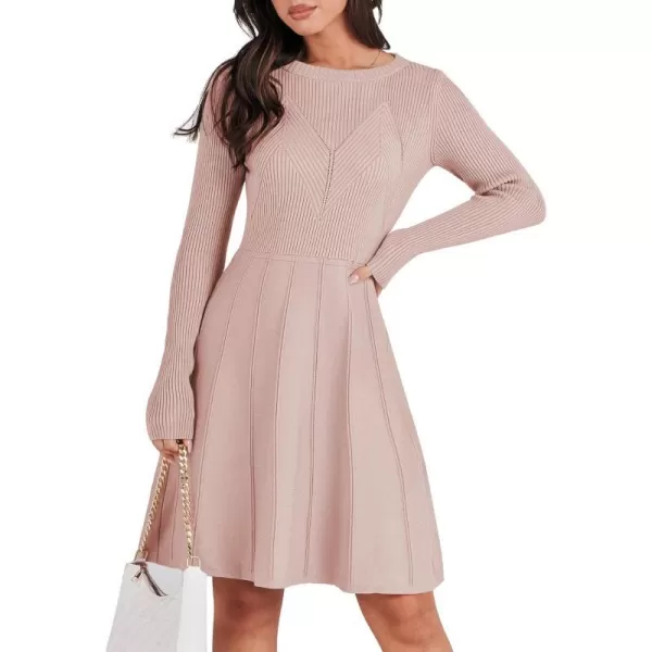 imageANRABESS Women Midi Sweater Dress Long Sleeve Crewneck High Waist Casual ALine Pleated DressesPink